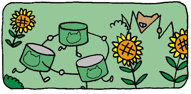ここにお花畑の茂みから猫缶をのぞく猫の図が入っています